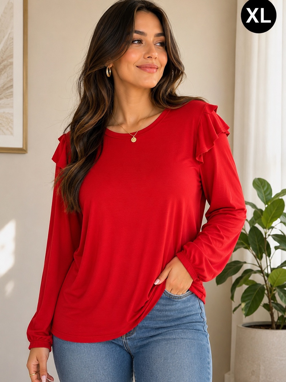crown & ivy Red Long-Sleeve Top with Shoulder Ruffles